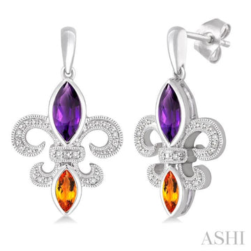 8x4 MM Marquise Cut Amethyst, 6x3 MM Marquise Cut Citrine and 1/20 ctw Round Cut Diamond Fleur De Lis Earrings in Sterling Silver